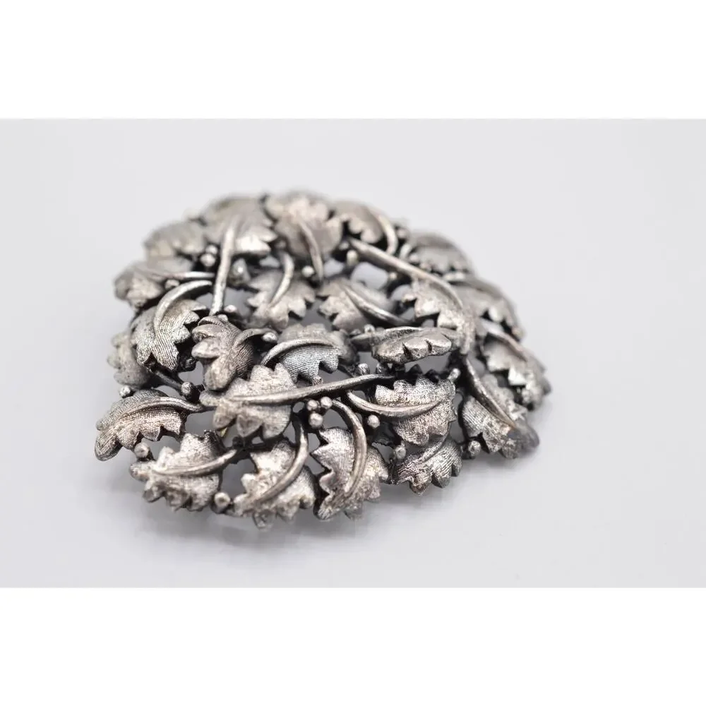 Vintage Leaf Pin Brooch Brushed Silver Pewter Textured Leaves Chunky 1980s 9B